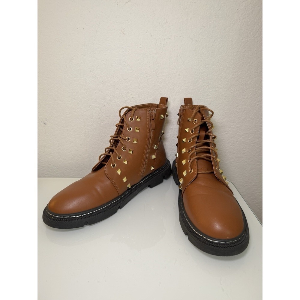 Forever Women's Combat Boots With Gold Studs Lace-Up And Zip-Up Brown Size 9